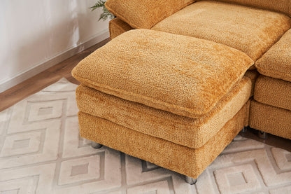 Modern Deep 3 Seat Sofa Couch With Ottoman, Polyester Sofa Sleeper Comfy Upholstered Furniture For Living Room - Yellow