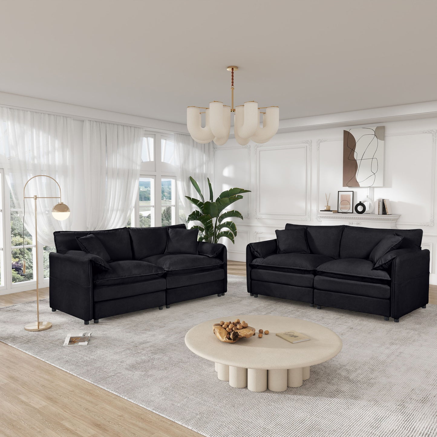 Oversized Deep Seat Luxury 2 Piece Sofa Set, Modern Chenille Comfy Cloud Couches For Living Room Office - Black