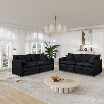 Oversized Deep Seat Luxury 2 Piece Sofa Set, Modern Chenille Comfy Cloud Couches For Living Room Office - Black