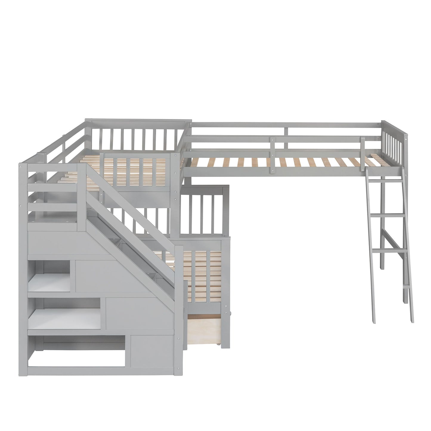 Twin Over Full L Shaped Bunk Bed & 3 Drawers, Ladder And Staircase - Gray