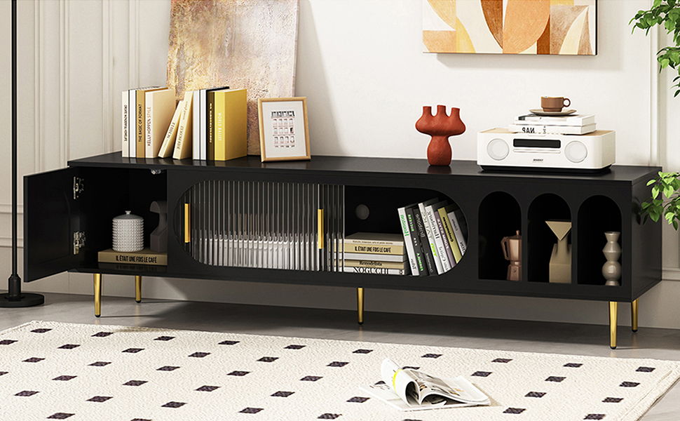 Modern TV Stand For Up To 70" TV, Entertainment Center TV Media Console Table, With 3 Shelves And 2 Cabinets, TV Console Cabinet Furniture For Living Room - Black