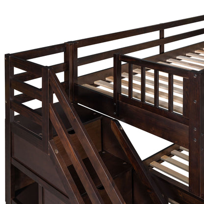 Twin Over Full L Shaped Bunk Bed With 3 Drawers, Ladder And Staircase - Espresso