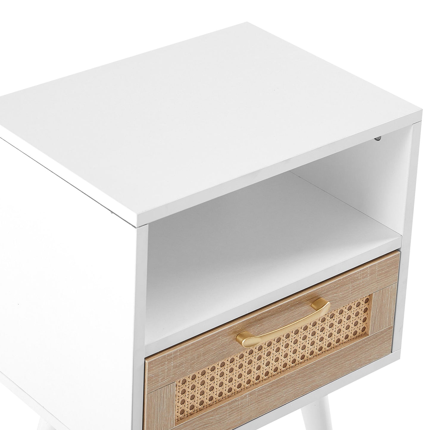 15.75" Rattan End Table With Drawer And Solid Wood Legs, Modern Nightstand, Side Table For Living Room, Bedroom - White