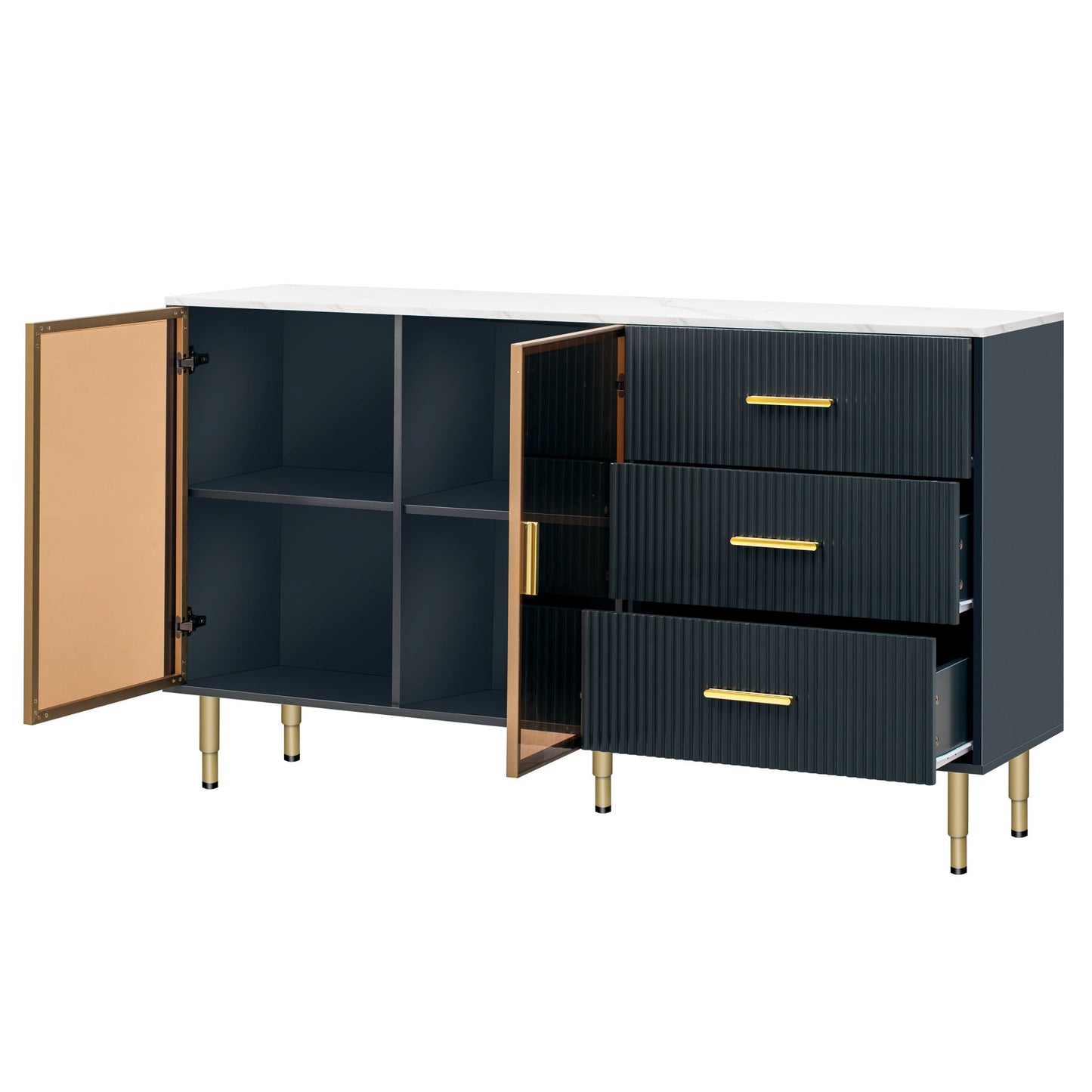 Modern Sideboard Buffet Cabinet Marble Sticker Tabletop And Amber-Yellow Tempered Glass Doors With Gold Metal Legs & Handles - Navy Blue