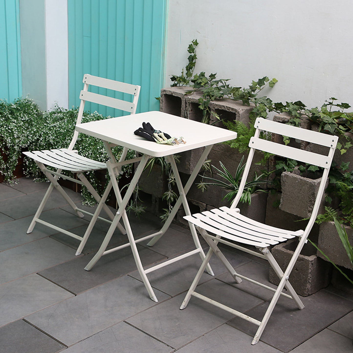 3 Piece Patio Bistro Set Of Foldable Square Table And Chairs - White