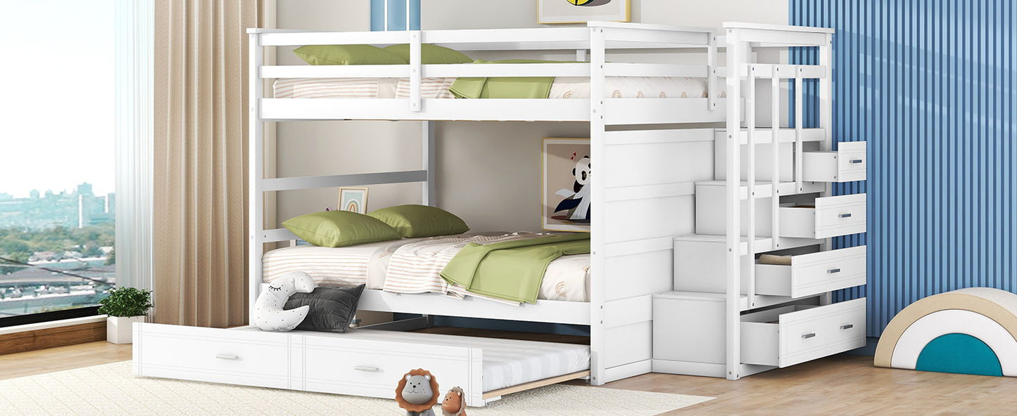 Full Over Full Bunk Bed With Twin Size Trundle And Staircase - White