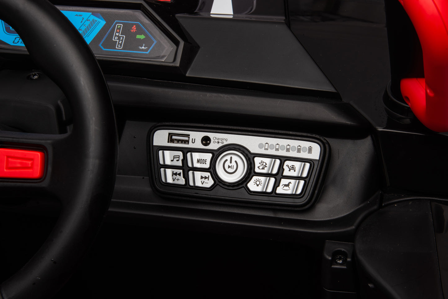 12V7A*2 30W*4 Four-Wheel Drive Leather Seat One Button Start, Forward And Backward, High And Low Speed, Music, Front Light, Power Display, Two Doors Can Open, 2.4G R / C, Seat Belt Four Wheel Absorber - Black