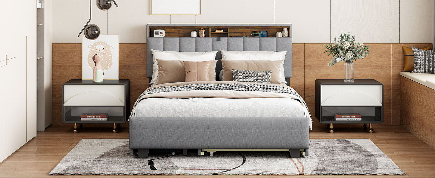 Queen Size Upholstered Platform Bed With Storage Headboard, Twin Long Size Trundle & 2 Drawers And A Set Of Sockets & USB Ports - Gray