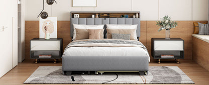Queen Size Upholstered Platform Bed With Storage Headboard, Twin Long Size Trundle & 2 Drawers And A Set Of Sockets & USB Ports - Gray
