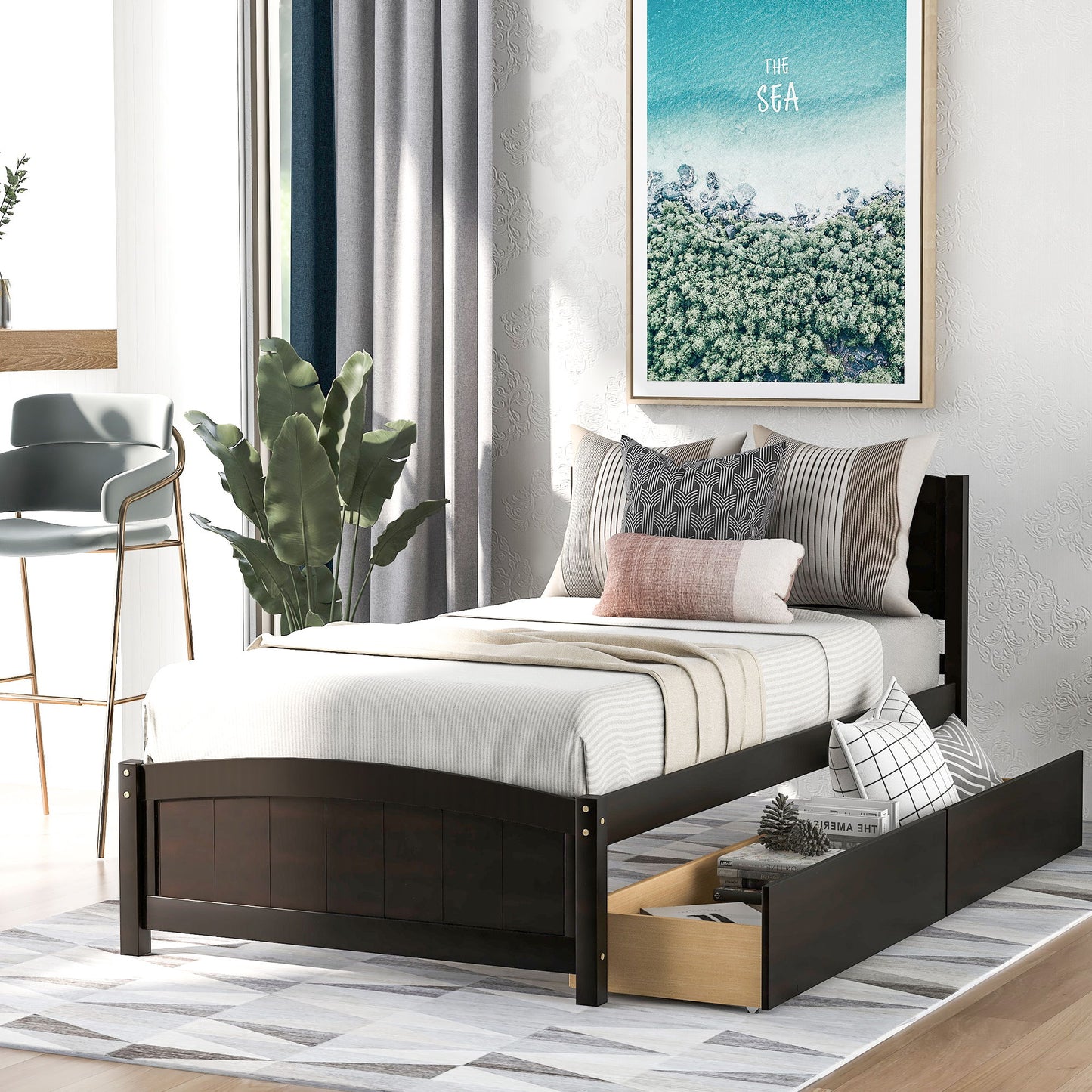 Twin Size Platform Bed With Two Drawers - Espresso