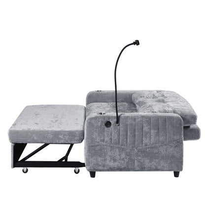 Modern Loveseat Pull Out Sofa Bed With Adjustable Backrest, Two Cup Holders, A Phone Holder, Three Charging Ports And Side Storage Pockets For Living Room - Gray
