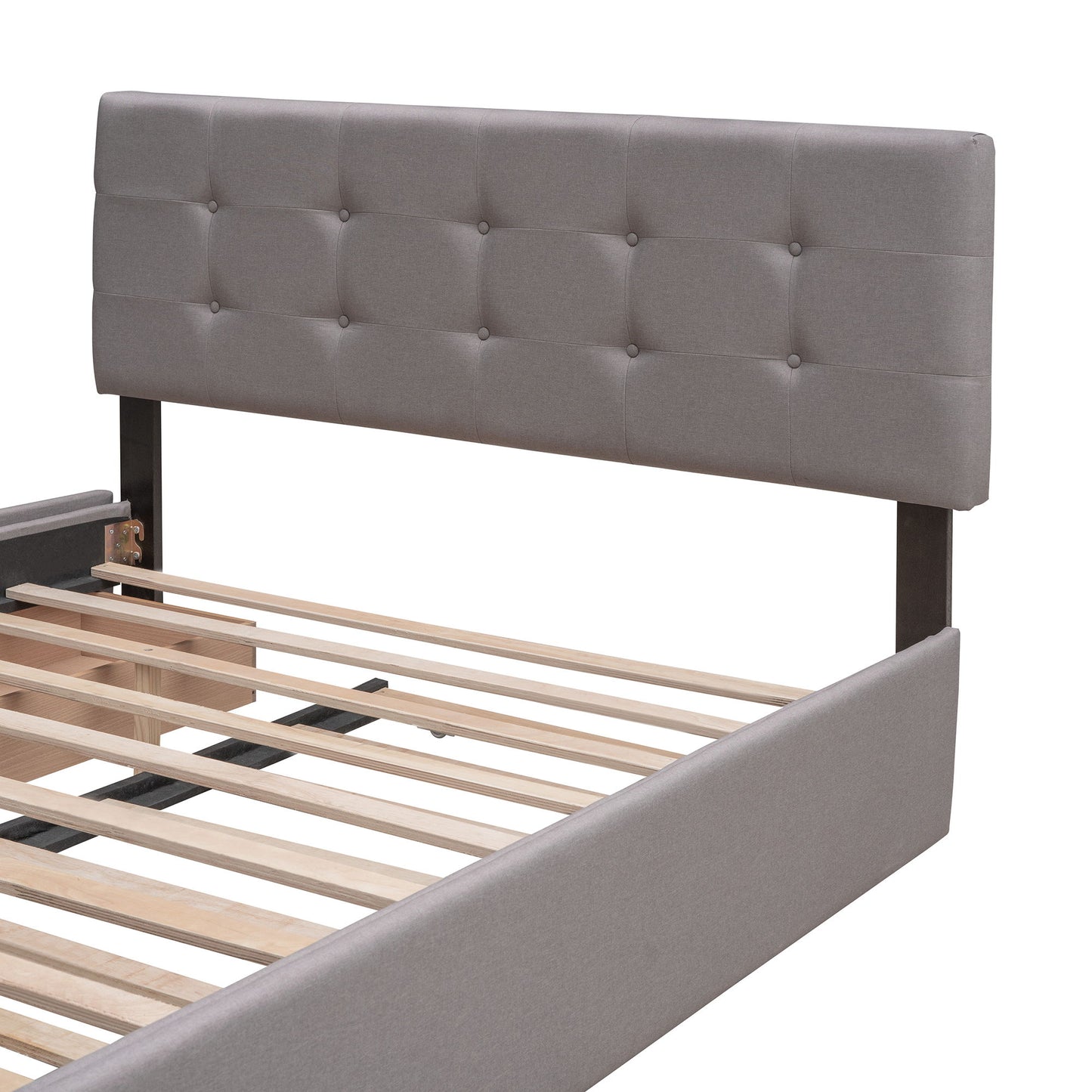 Queen Size Upholstered Platform Bed With 2 Drawers And 1 Twin Long Trundle - Light Gray