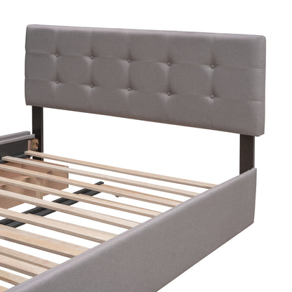 Queen Size Upholstered Platform Bed With 2 Drawers And 1 Twin Long Trundle - Light Gray