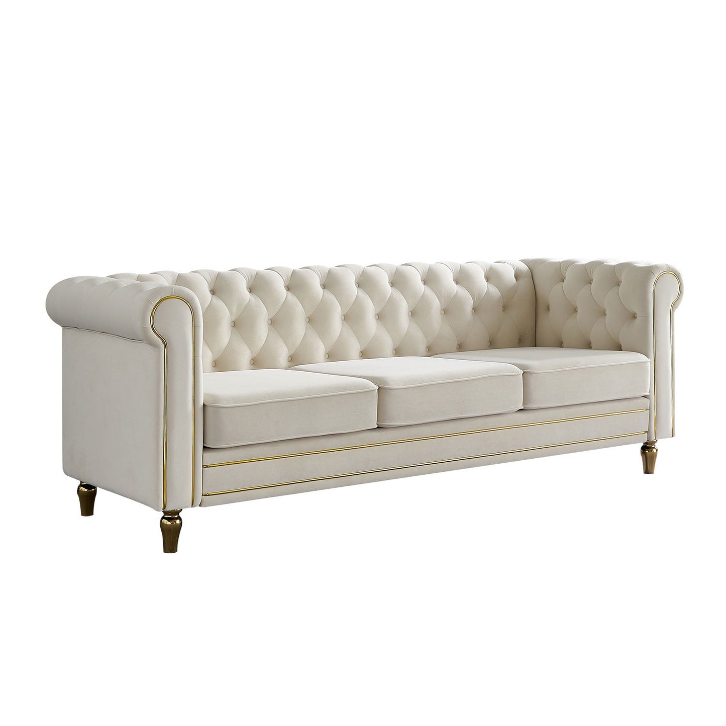 Chesterfield - Velvet Sofa 84.65" For Living Room - Beige
