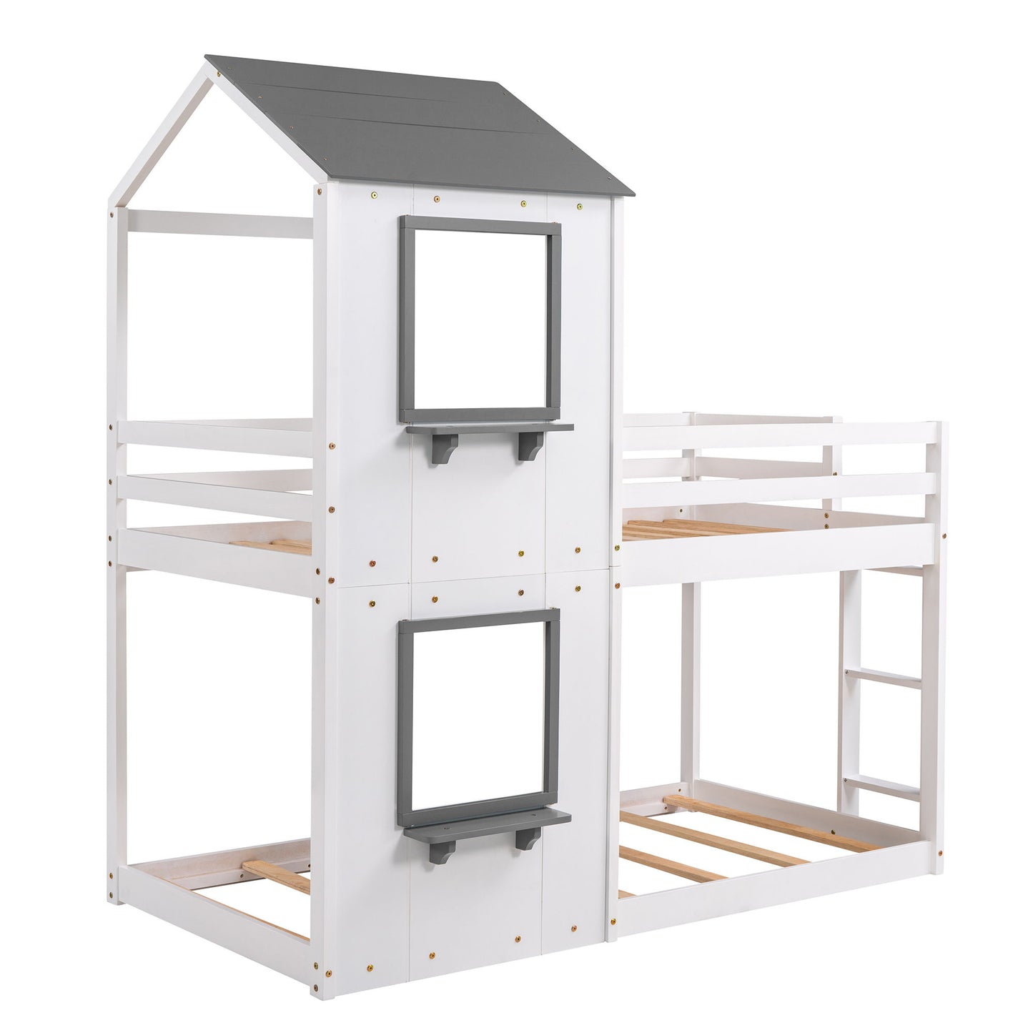 Twin Over Twin Bunk Bed & Roof, Window, Guardrail, Ladder - White