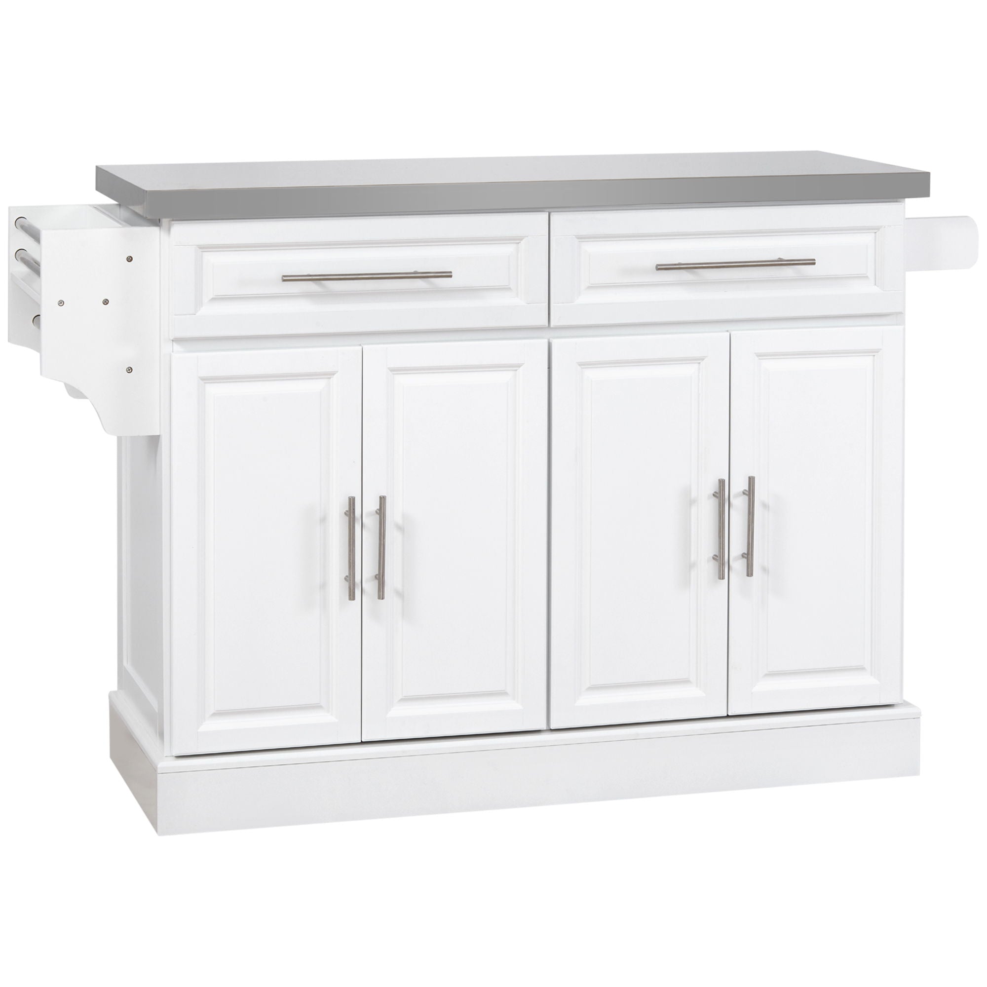 Homcom - Rolling Kitchen Island With Storage, Portable Kitchen Cart With Stainless Steel Top, 2 Drawers, Spice, Knife And Towel Rack And Cabinets - White