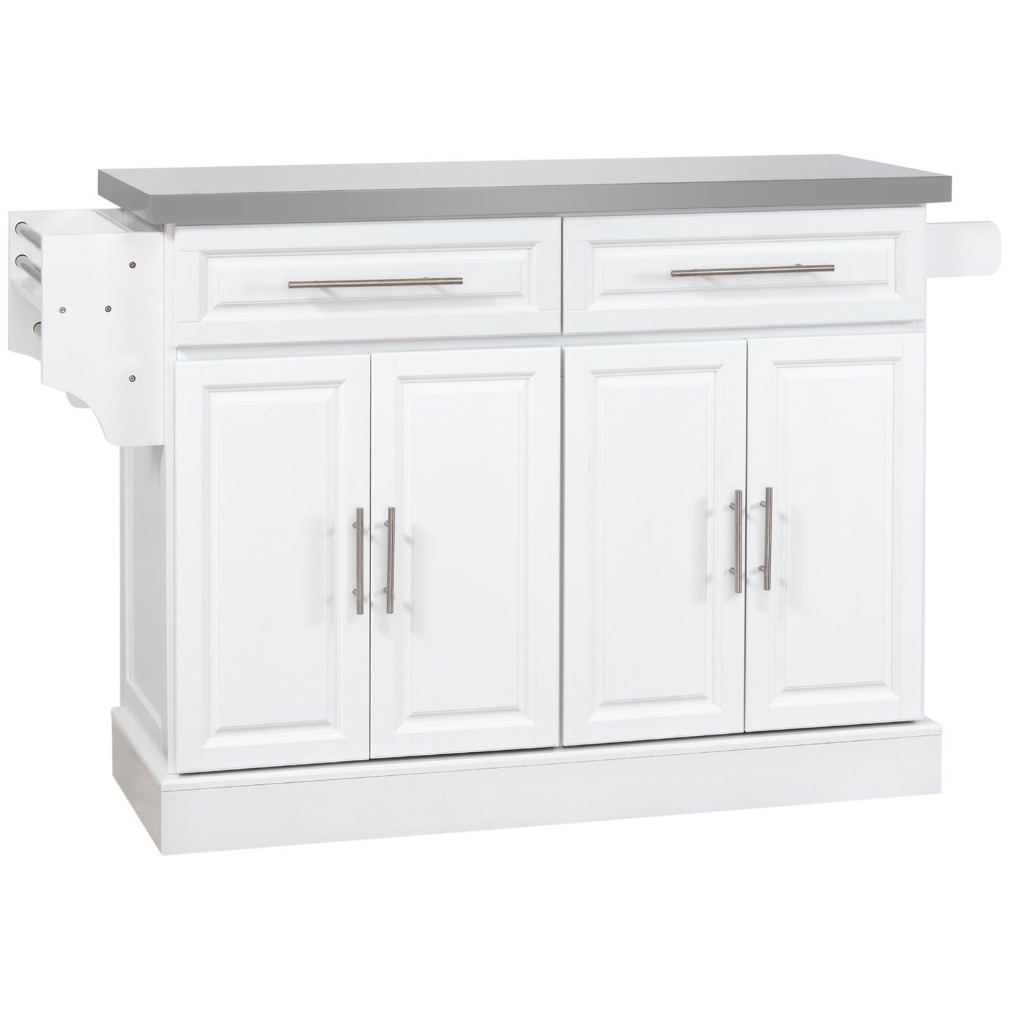 Homcom - Rolling Kitchen Island With Storage, Portable Kitchen Cart With Stainless Steel Top, 2 Drawers, Spice, Knife And Towel Rack And Cabinets - White