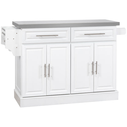 Homcom - Rolling Kitchen Island With Storage, Portable Kitchen Cart With Stainless Steel Top, 2 Drawers, Spice, Knife And Towel Rack And Cabinets - White