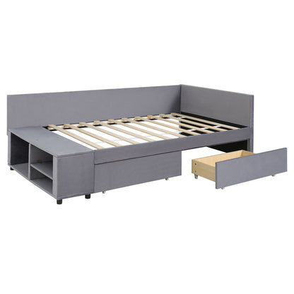 Twin L Shaped Upholstered Platform Bed With Storage Drawers - Gray