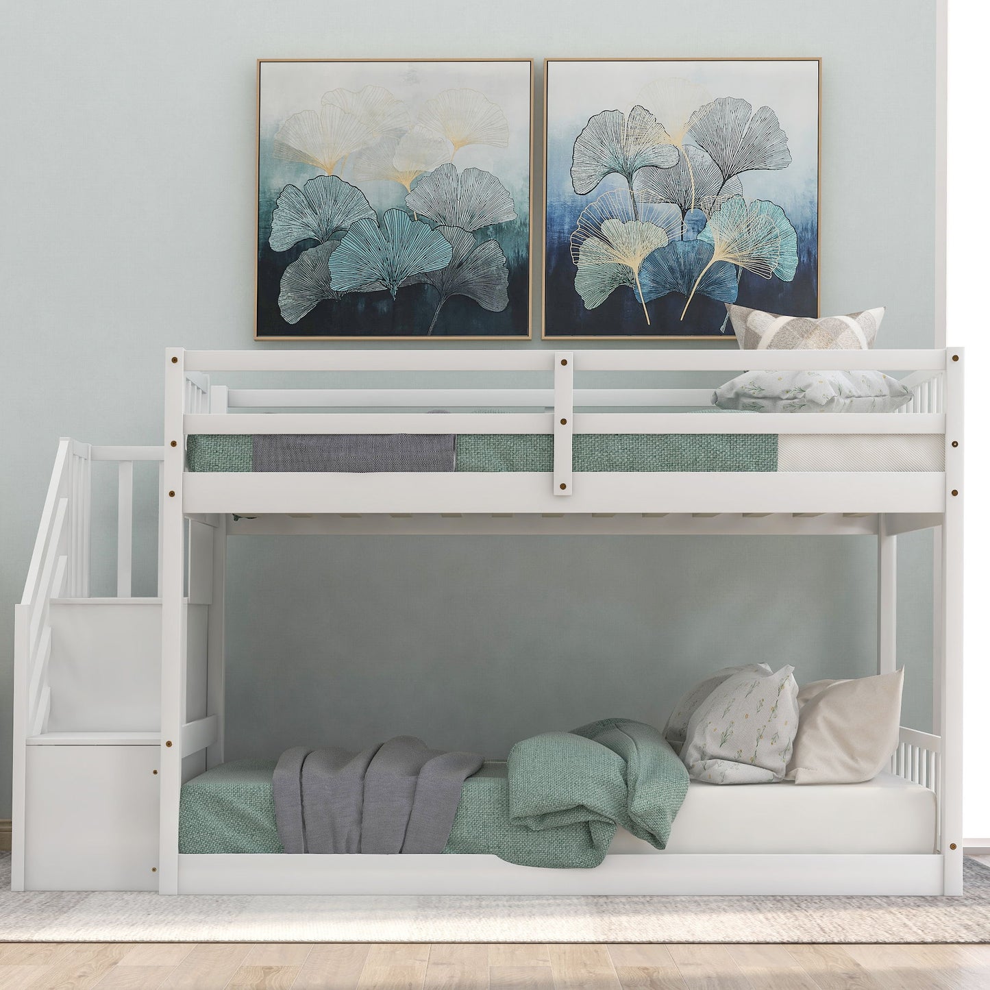 Twin Over Twin Floor Bunk Bed, Ladder With Storage - White