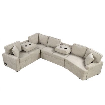 L-Shaped Sofa Sectional Sofa Couch Pull-Out Sofa Bed With Charging Devices And Cup Holders For Living Room - Beige