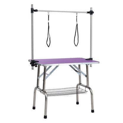 Folding Dog Pet Grooming Table Stainless Steel Frame Rubber Mat On Board With Adjustable Arm And Clamps Pet Dog, Cat Grooming Table - Purple