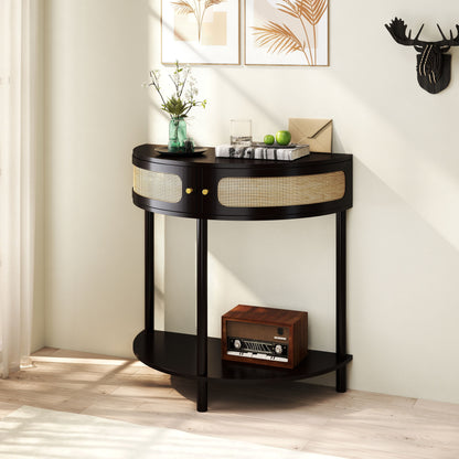 Boho Rattan Semi Circle End Table With Sliding Door, Elegant Wood Accent Table With Storage And Bottom Shelf - Black