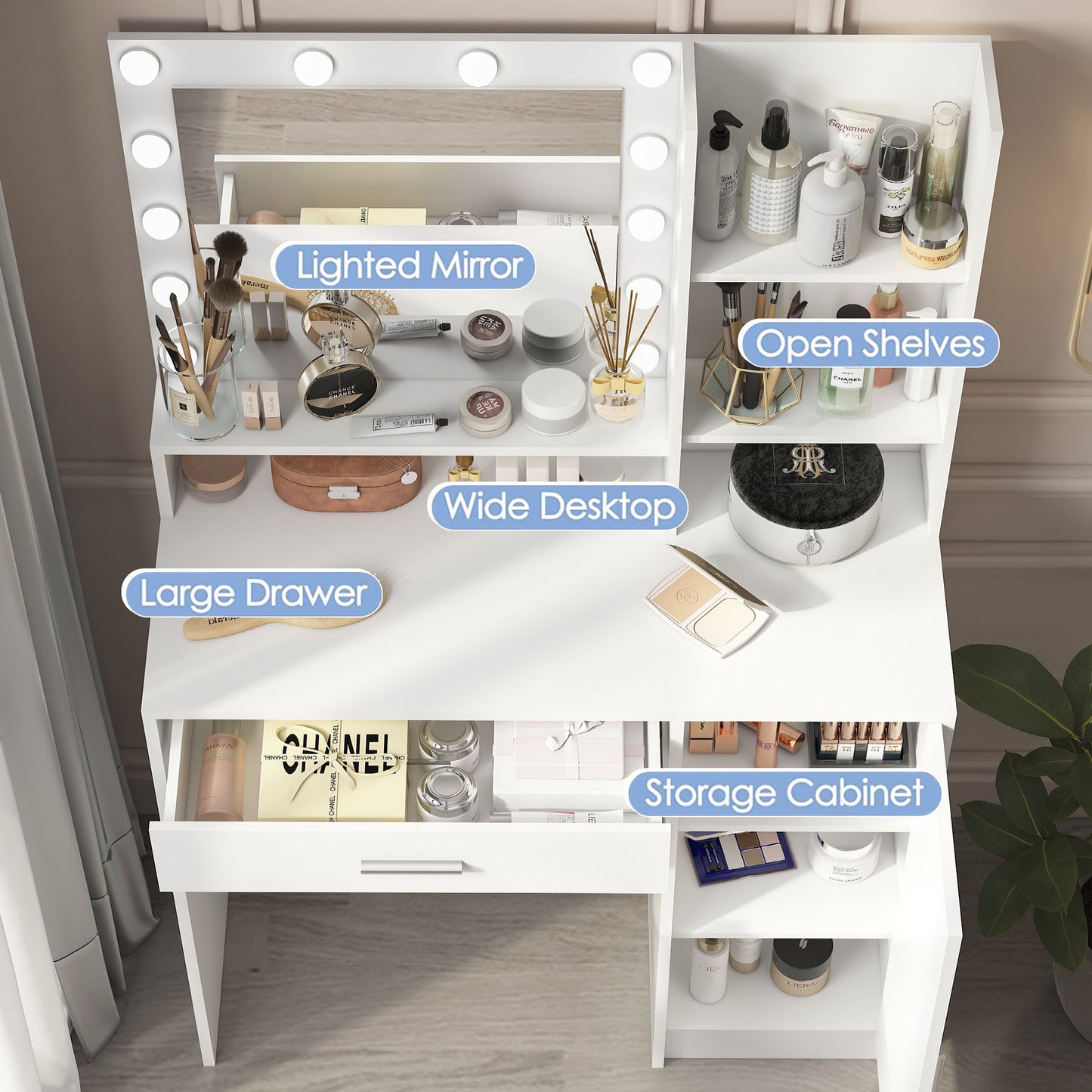 Vanity Desk With Mirror & Light, Large Drawer Three Level Storage Dresser, 3 Lighting Modes Adjustable Brightness, Bedroom Dressing Table - White