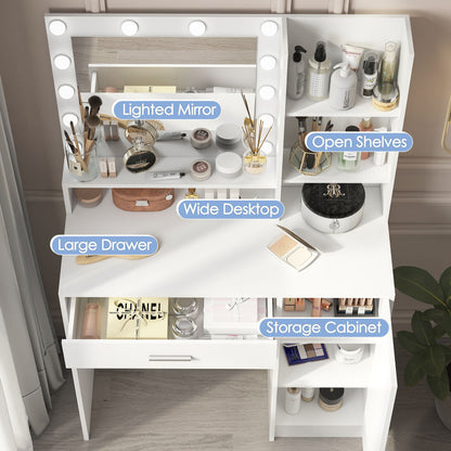 Vanity Desk With Mirror & Light, Large Drawer Three Level Storage Dresser, 3 Lighting Modes Adjustable Brightness, Bedroom Dressing Table - White