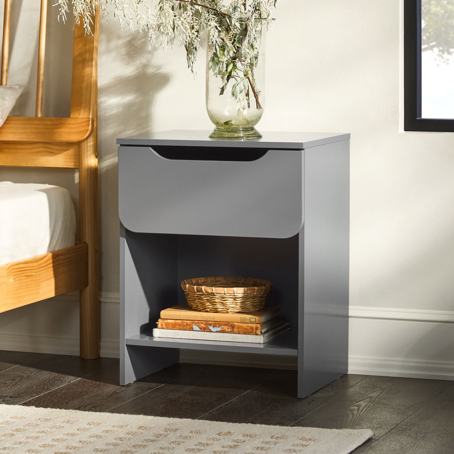 Modern Minimalist 1 Drawer Nightstand With Cubby - Dark Gray