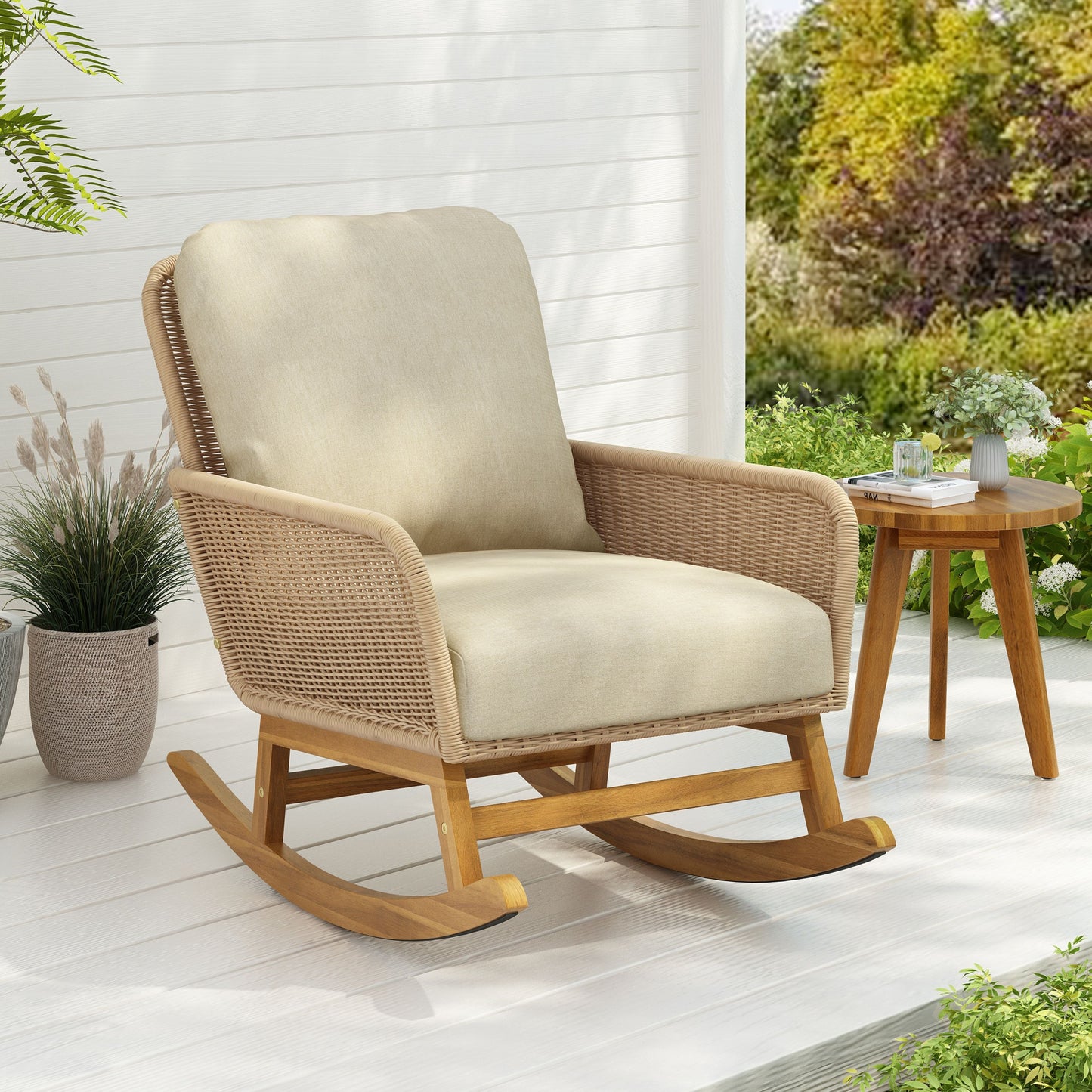 Contemporary Minimalist Wicker Rocking Chair With Soft Polyester Cushions And Wooden Frame - Beige
