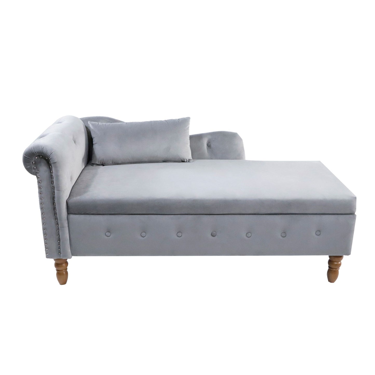 Chaise Lounge Indoor, Velvet Lounge Chair For Bedroom With Storage & Pillow, Modern Upholstered Rolled Arm Chase Lounge For Sleeping With Nailhead Trim For Living Room Bedroom Office - Gray