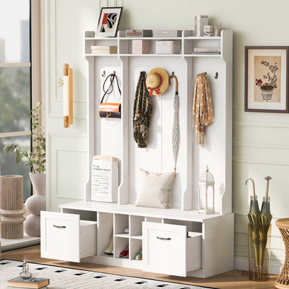5 In 1 Entryway Bench With Coat Rack, 7 Sturdy Hooks, 2 Spacious Drawers And Adjustable Shelves, Wide Hall Tree With Metal Handles For Hallway - White