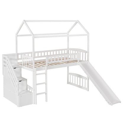 Twin Loft House Bed With 2 Drawers And Slide - White