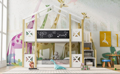 Twin Over Twin House Bunk Bed With White Storage Staircase And Blackboards - White