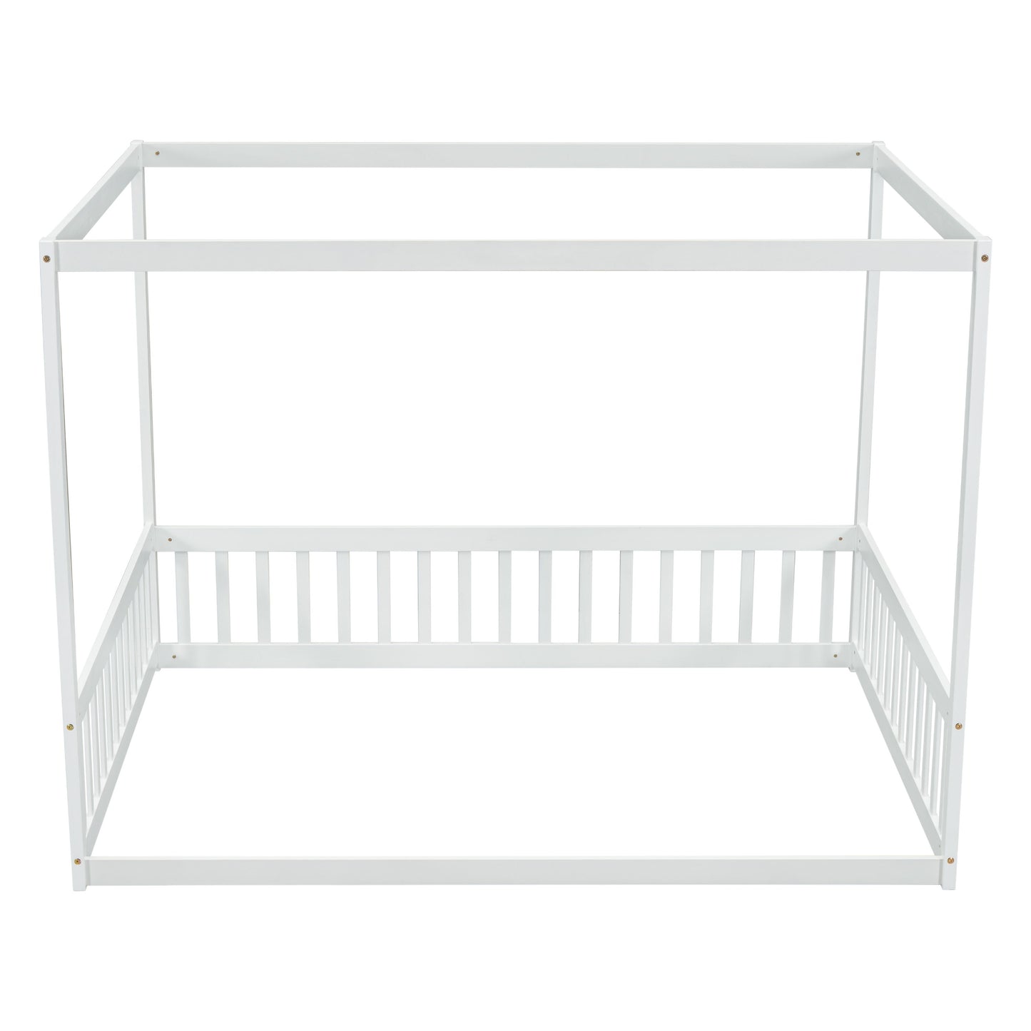 Full Size Canopy Frame Floor Bed With Fence, Guardrails - White