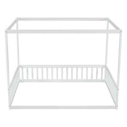 Full Size Canopy Frame Floor Bed With Fence, Guardrails - White