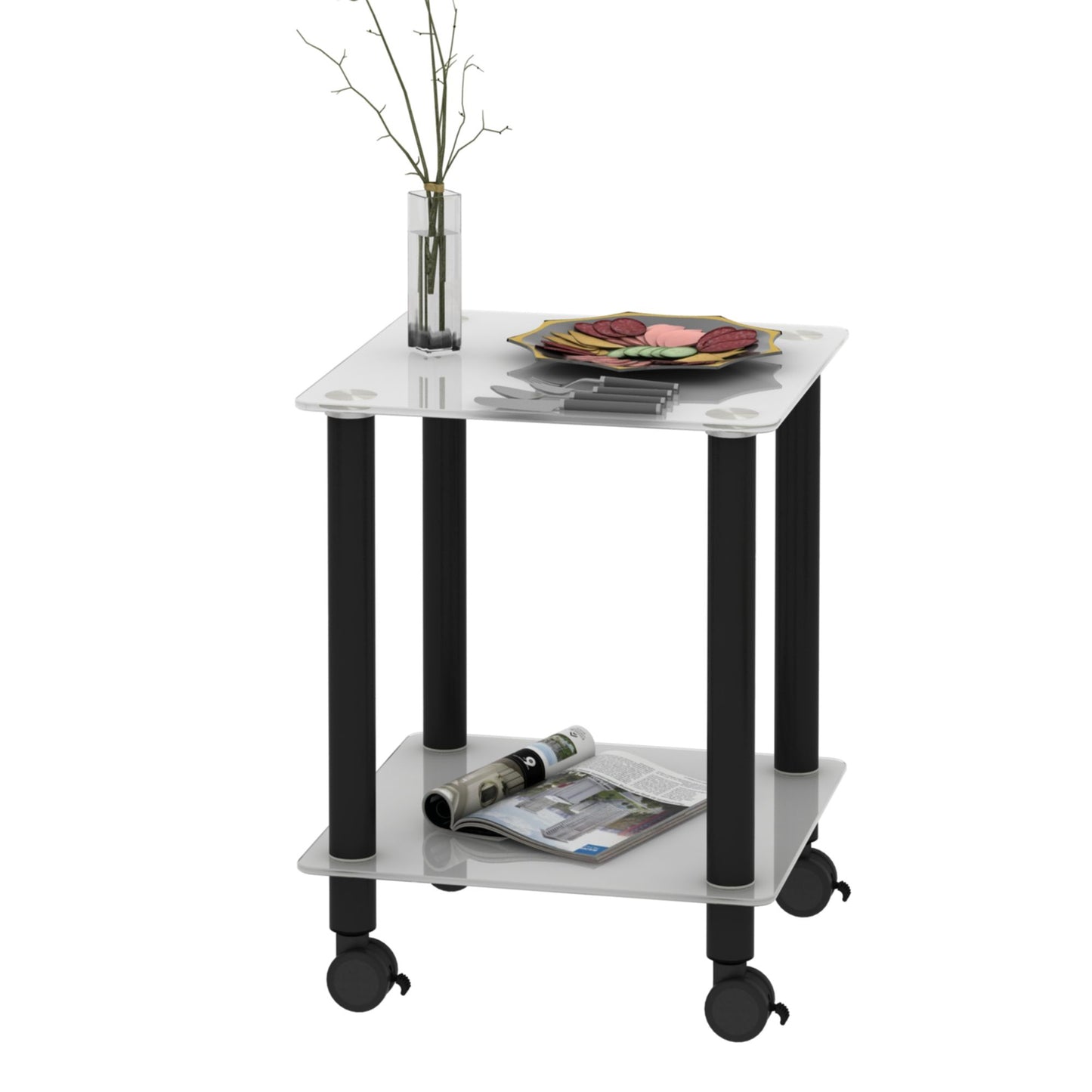 Side Table, 2 Tier Space End Table, Modern Night Stand, Sofa Table, Side Table With Storage Shelve - White / Black