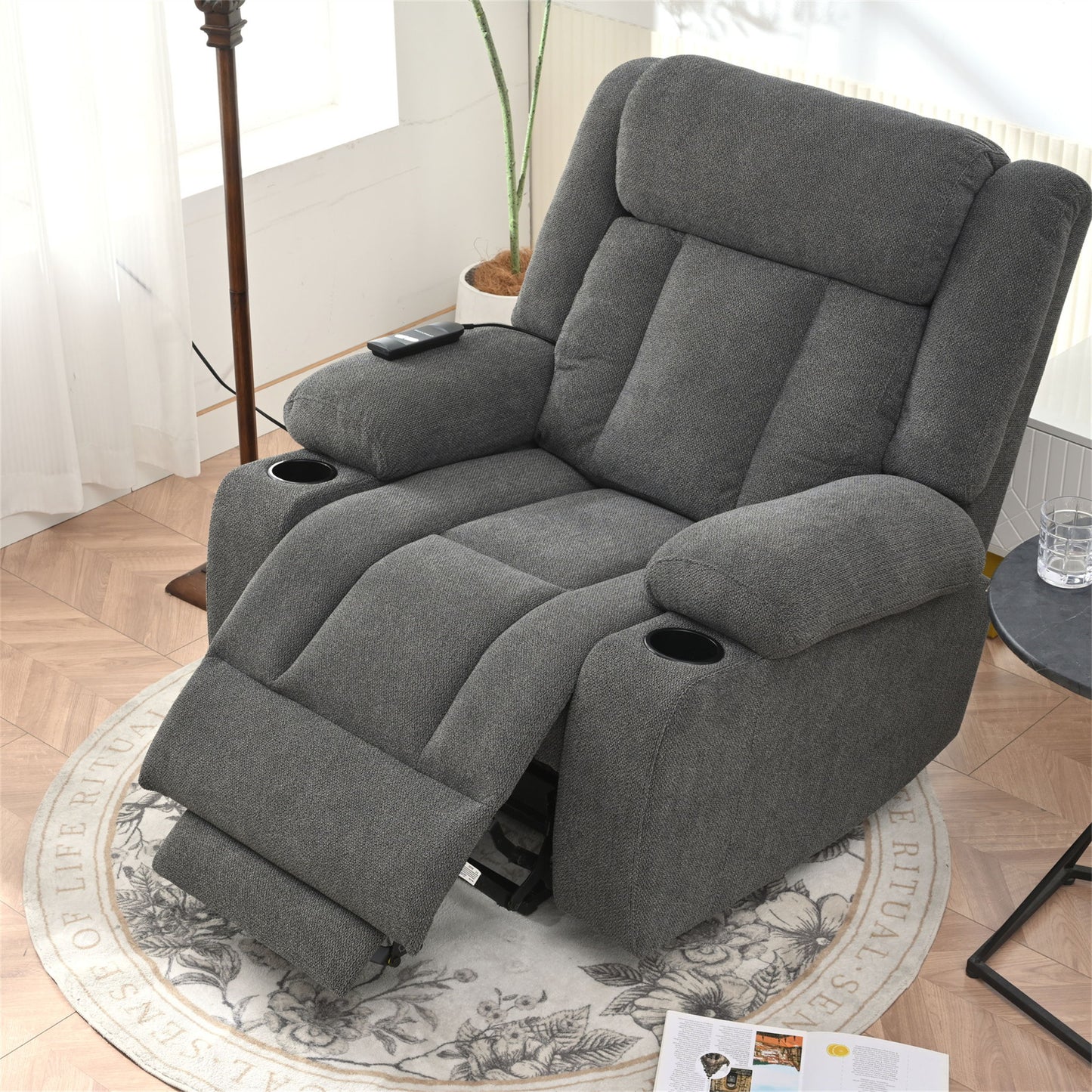 Power Lift Recliner Chair - Fabric Single Sofa With Extended Footrest, Remote Control, Cup Holders, And Side Pockets For Living Room Or Home Theater - Dark Gray