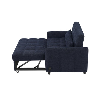 Loveseat Sofa Pull Out Sofa Bed Tufted Sleeper Sofa With An Adjustable Backrest, 3 USB Ports And 2 Lumbar Pillows For Living Room - Blue