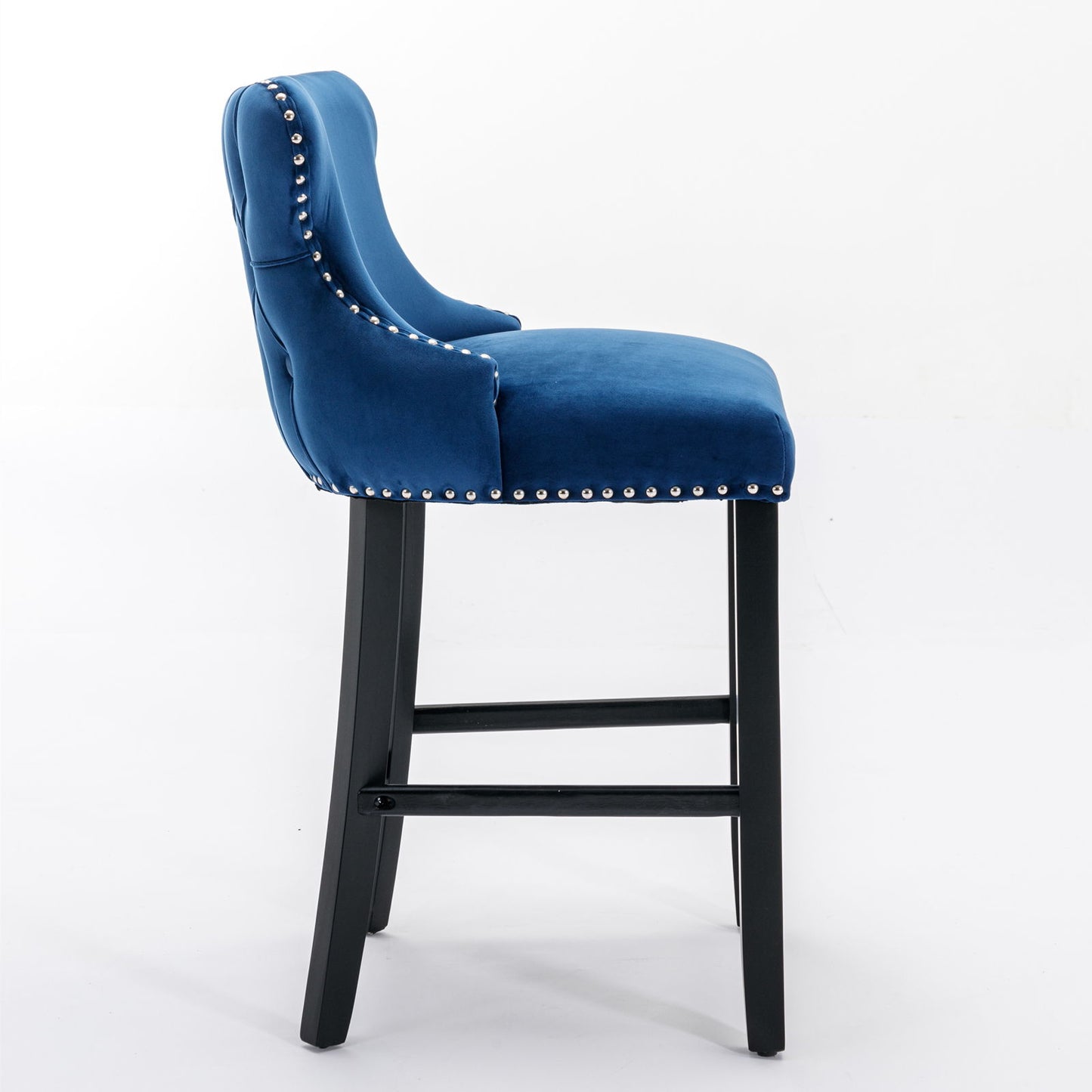Contemporary Velvet Upholstered Wing-Back Barstools With Button Tufted Decoration And Wooden Legs, And Chrome Nailhead Trim, Leisure Style Bar Chairs, Bar Stools (Set of 4) - Blue