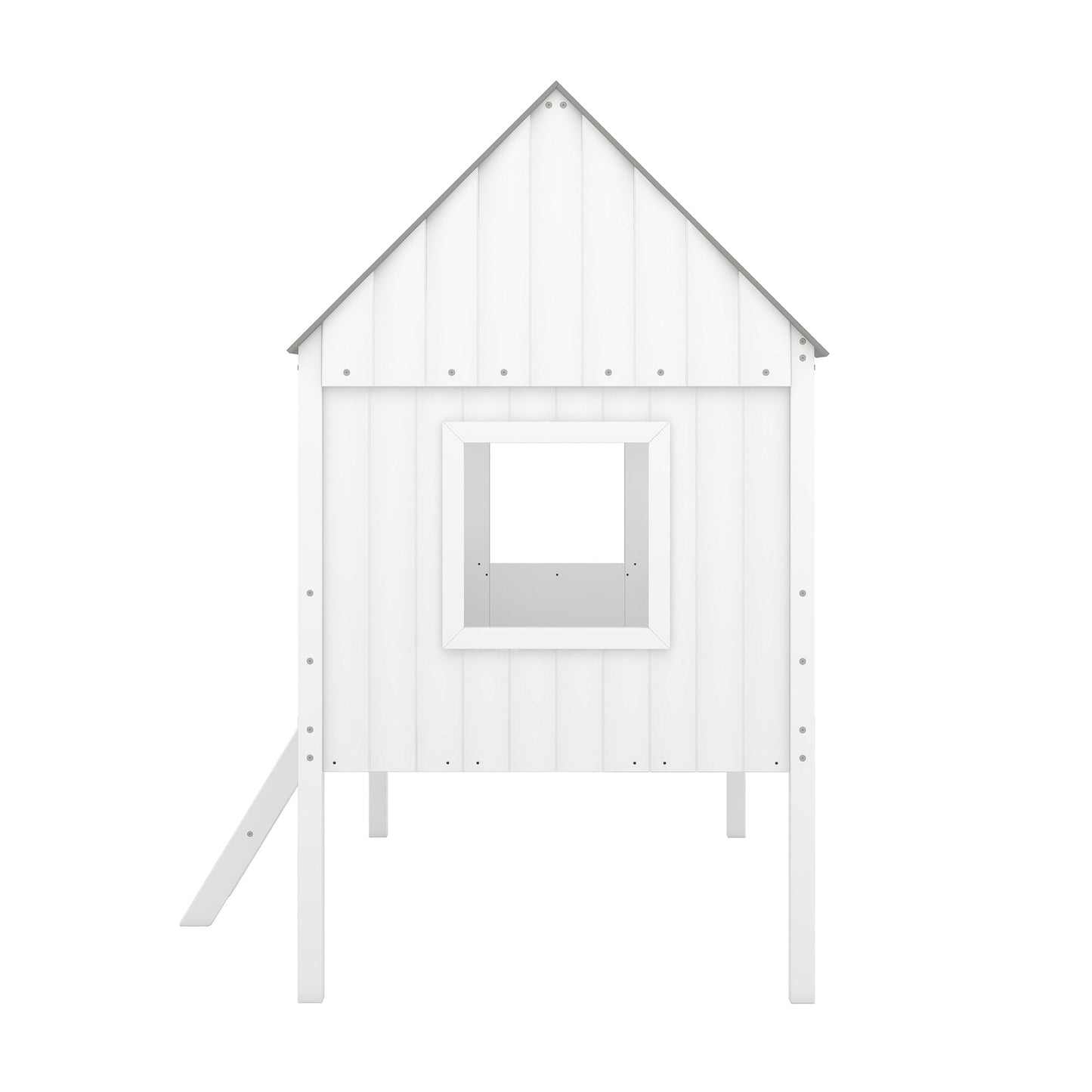 Twin Size Low Loft House Bed With Two Side Windows - White / Gray
