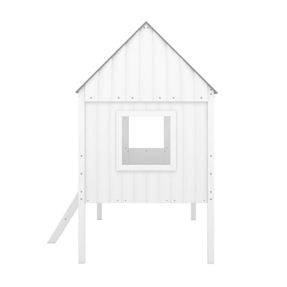 Twin Size Low Loft House Bed With Two Side Windows - White / Gray