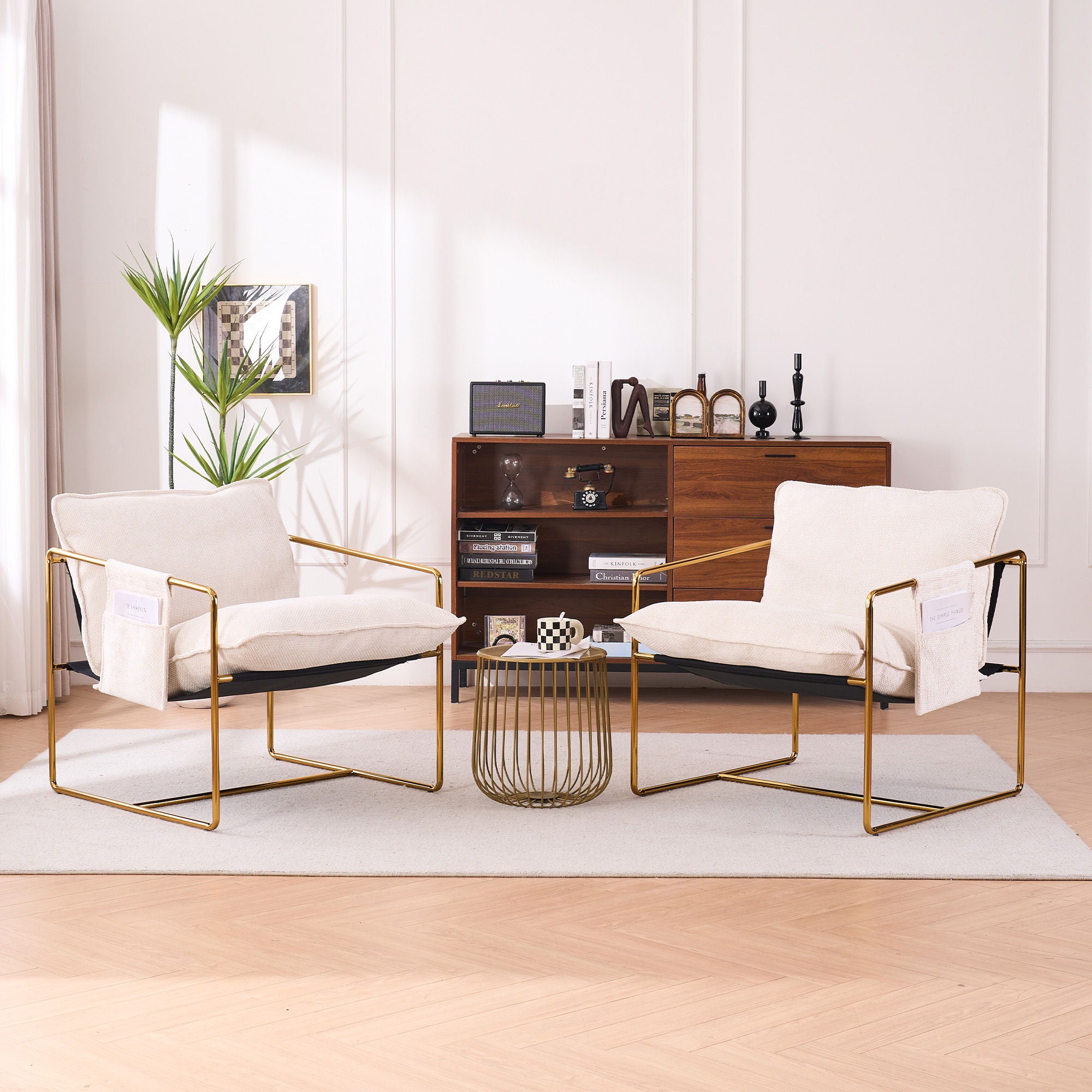 Upholstered Hanging Armchair With Arm Pocketsmetal Frame, Gold-Plated Craftsmanship, Crushed Foam Cushions And Skin-Friendly Woven Fabric For Living Room (Set of 2) - Beige