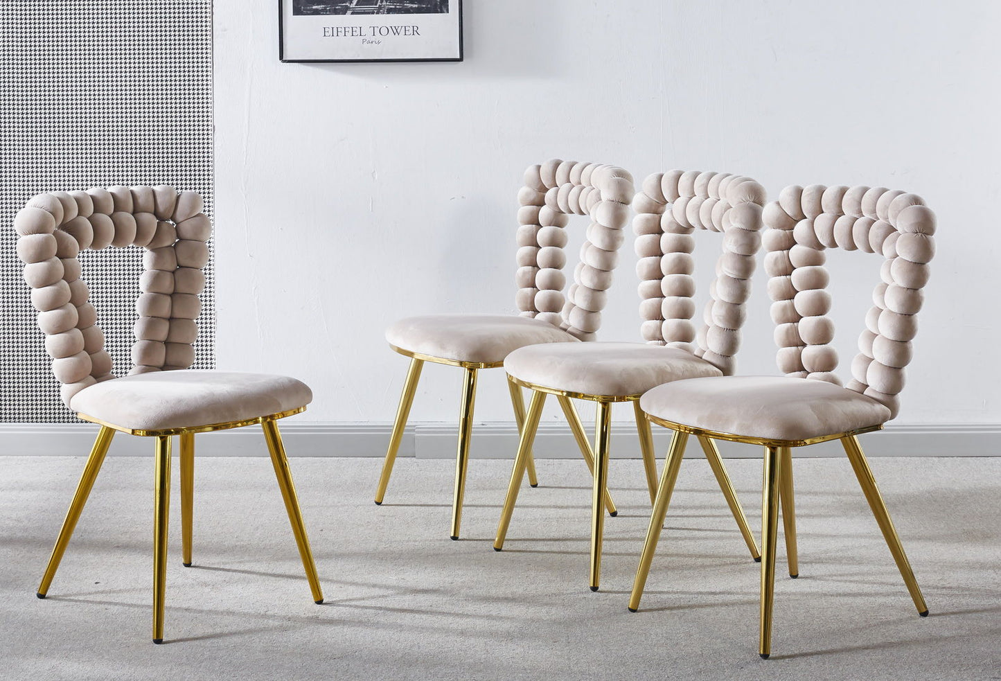 Modern Chair With Iron Tube Legs, Soft Cushions And Comfortable Backrest, Suitable For Dining Room, Living Room, Cafe, Hairball Back (Set of 4) - White / Gold