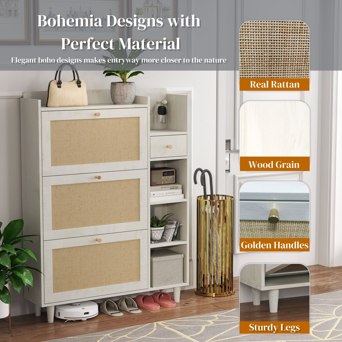 Natural Bohemia Style Shoe Cabinet, Shoe Rack Cabinet With 3 Rattan Flip Drawers, 3 Square Shelves And 1 Storage Drawer, Shoe Organizer With Mulit Storage Space And Hooks For Hallway, Entryway - White