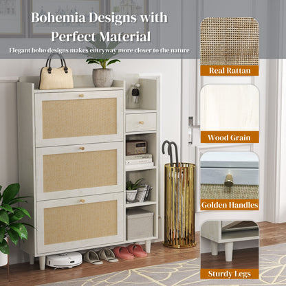 Natural Bohemia Style Shoe Cabinet, Shoe Rack Cabinet With 3 Rattan Flip Drawers, 3 Square Shelves And 1 Storage Drawer, Shoe Organizer With Mulit Storage Space And Hooks For Hallway, Entryway - White