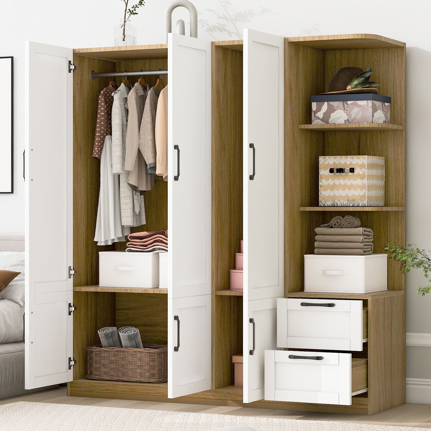 3 Door Storage Wardrobe For Dedroom With Shelves And 2 Drawers, Side Storage Shelves - White