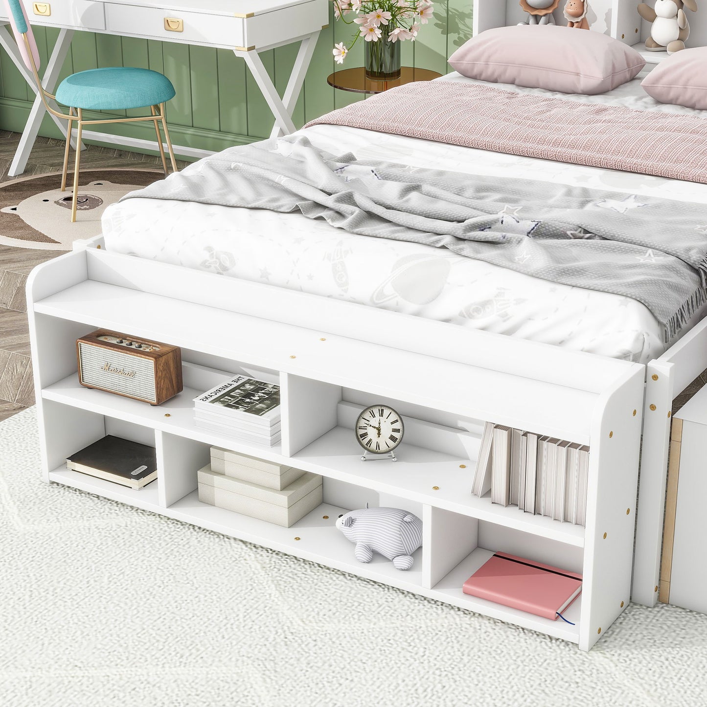 Full Bed With Bookcase Headboard, Under Bed Storage Drawers And Bed End Storage Case - White