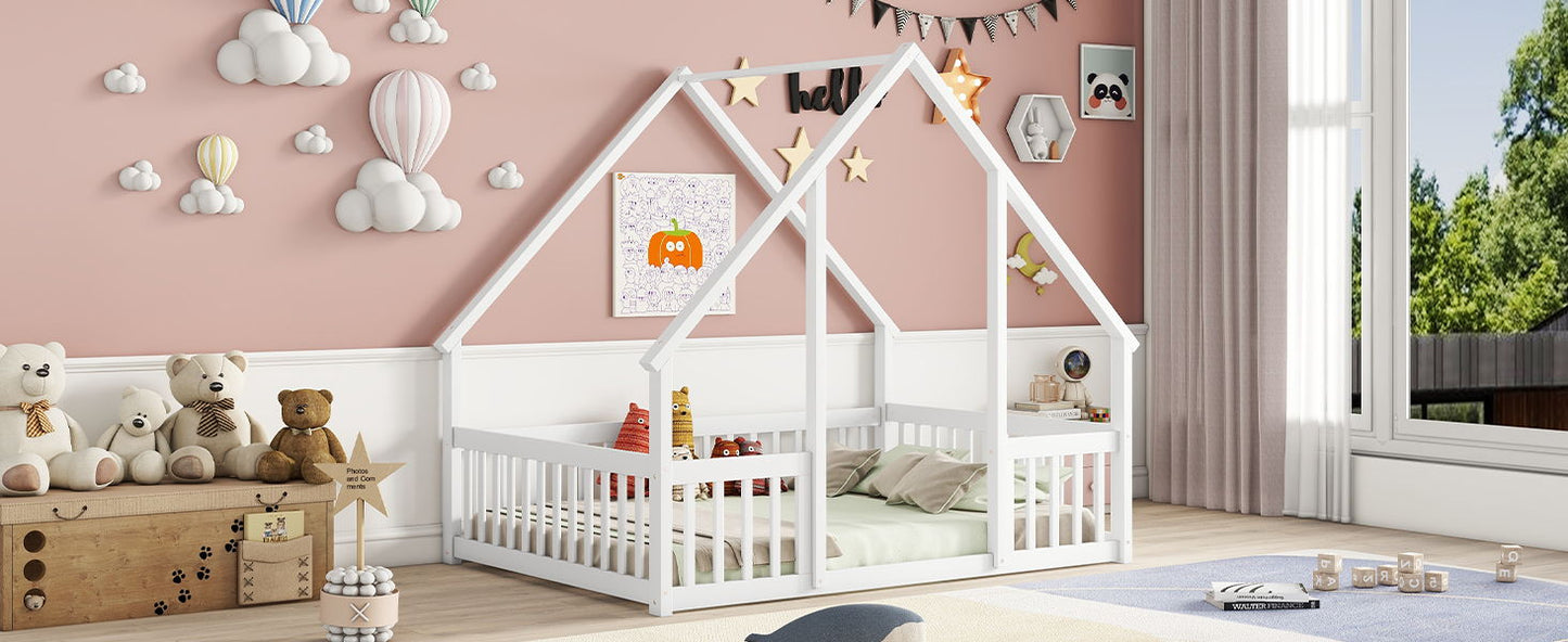 Full Wood House-Shaped Floor Bed With Fence, Guardrails - White